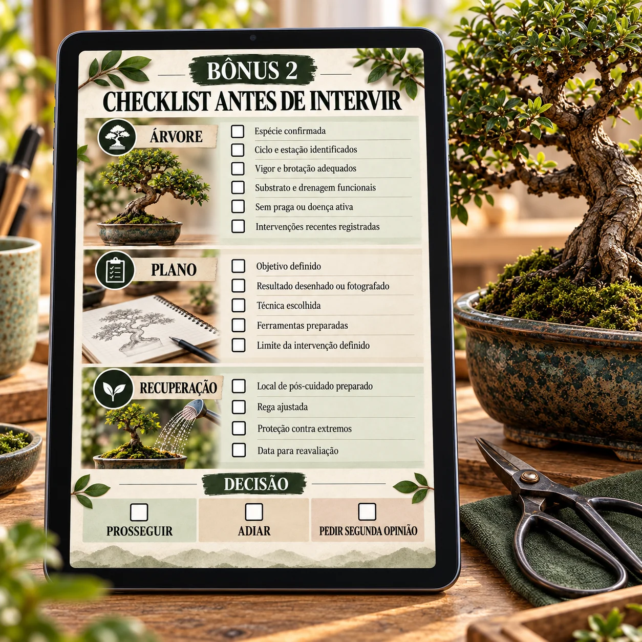Tablet com checklist antes de intervir ao lado de um bonsai e ferramenta de corte; imagem do grupo Decisão Técnica