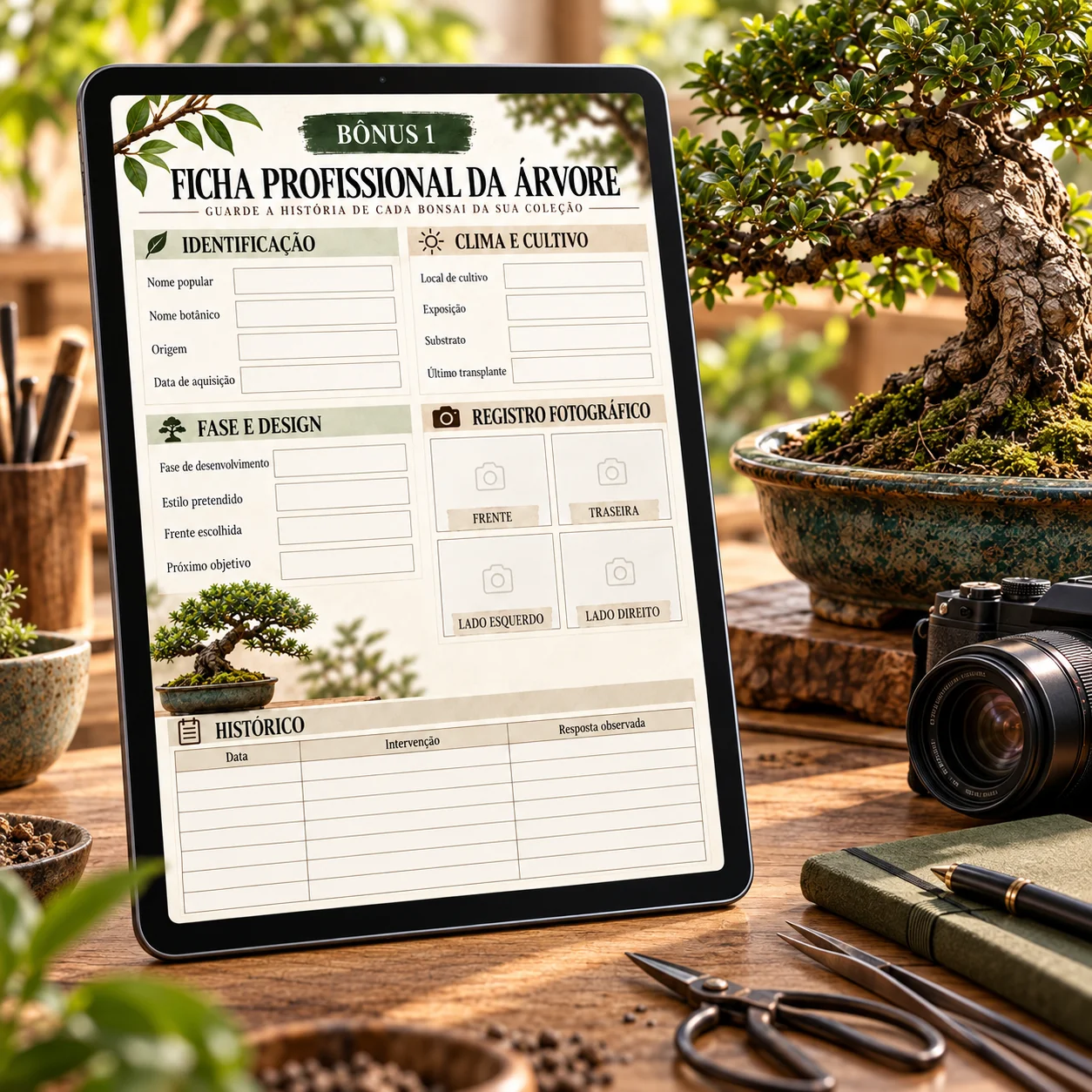 Tablet com a Ficha Profissional da Árvore ao lado de um bonsai; imagem do grupo Prontuário da Árvore
