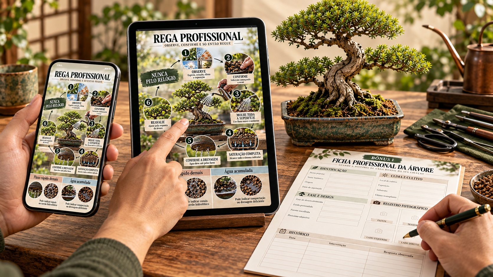 Três momentos de uso do guia: PDF aberto no celular, mapa visual consultado no tablet ao lado do bonsai e ficha profissional preenchida em papel