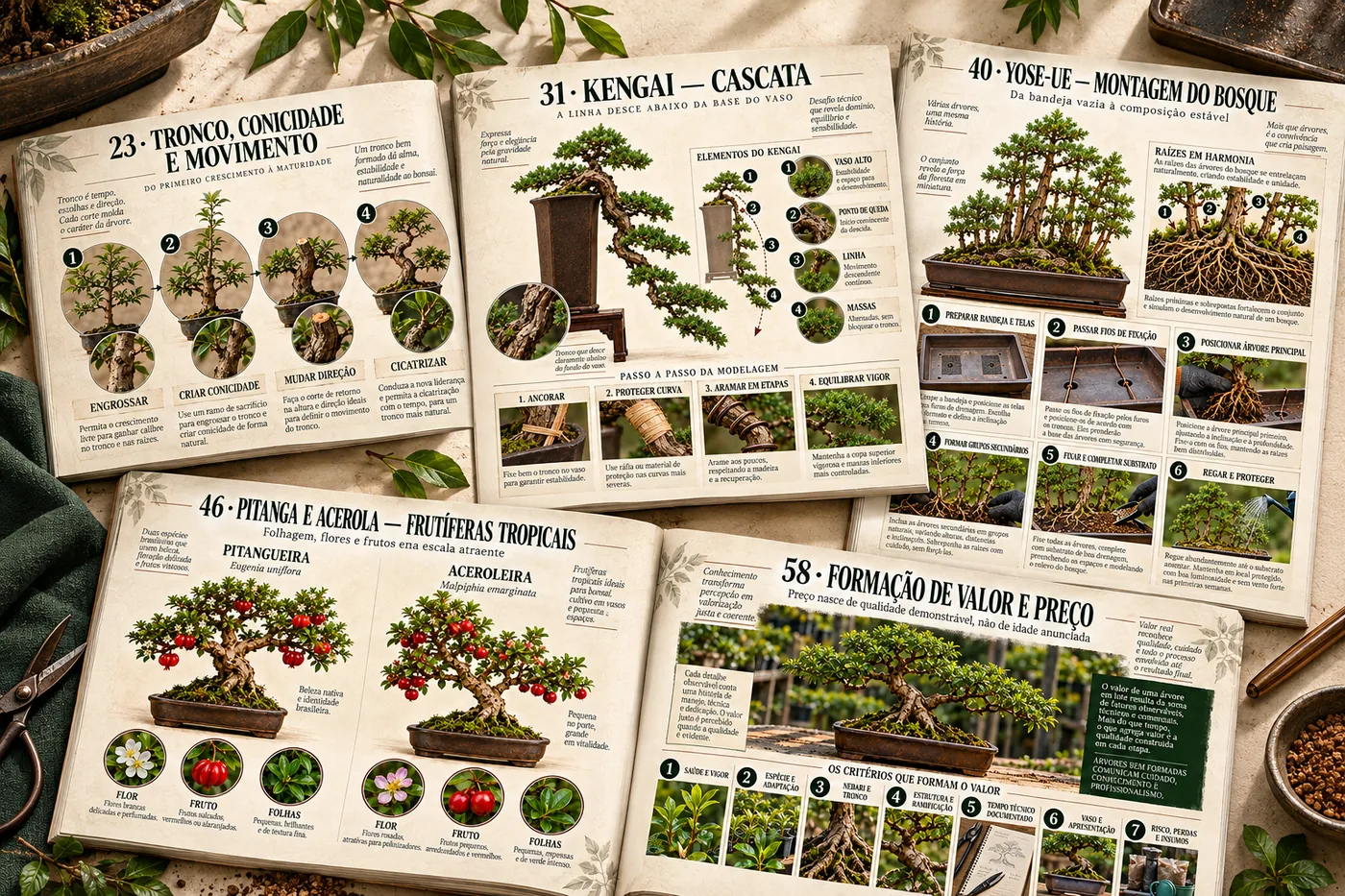 Páginas abertas do Guia Visual do Bonsai: tronco e conicidade, Kengai cascata, montagem do bosque, pitanga e acerola, formação de valor e preço