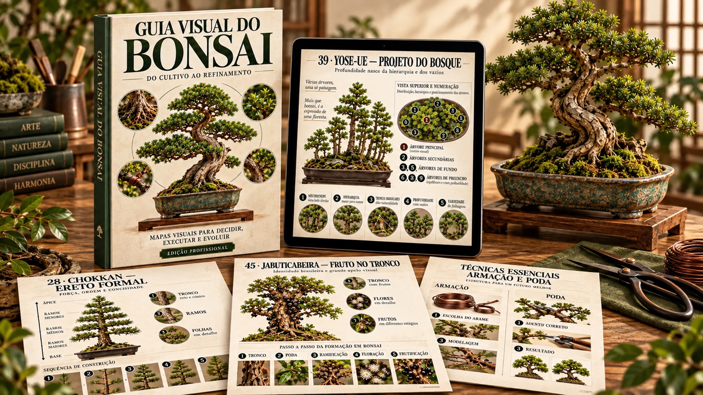Guia Visual do Bonsai em destaque com capa, tablet e mapas visuais de estilos, técnicas e frutíferas ao lado de um bonsai