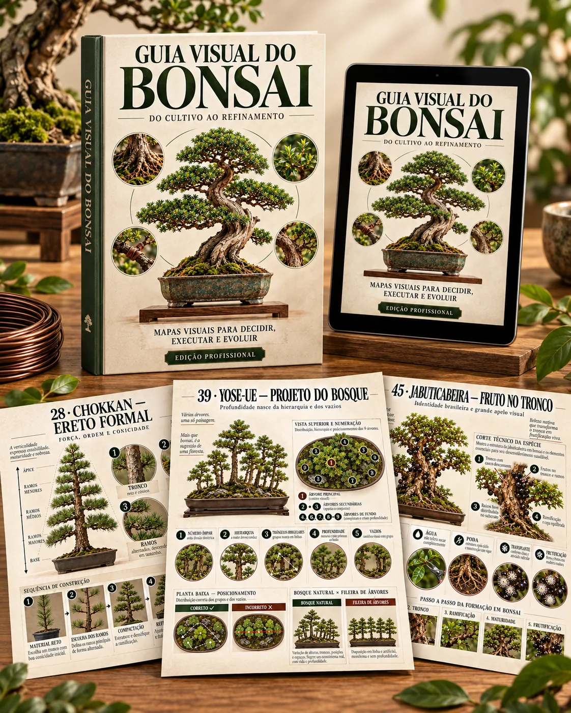 Guia Visual do Bonsai em versão livro e tablet, com páginas de Chokkan, Yose-ue e Jabuticabeira em destaque