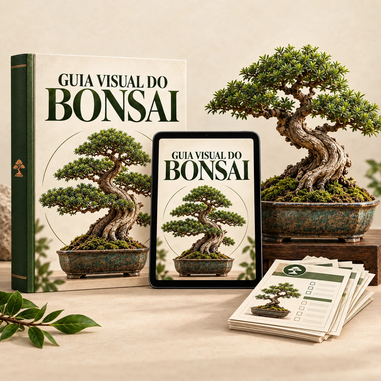 Guia Visual do Bonsai completo em livro e tablet, acompanhado das fichas profissionais