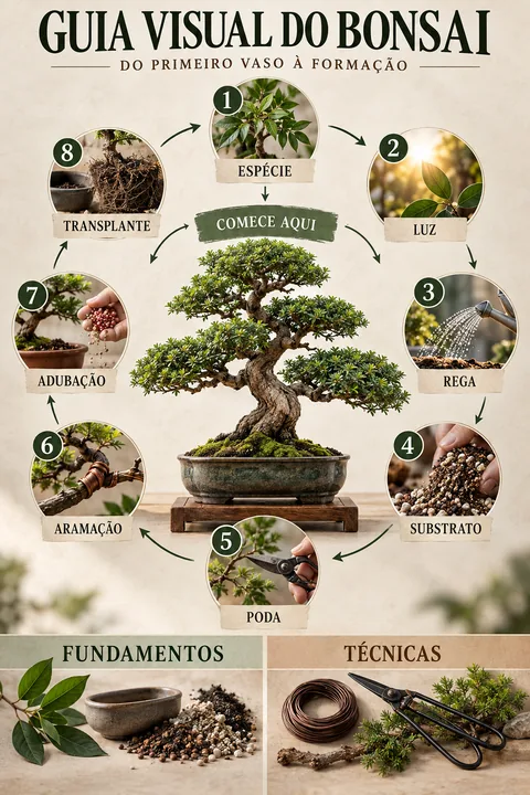 Página Mapa geral do bonsai: espécie, luz, rega, substrato, poda, aramação, adubação e transplante
