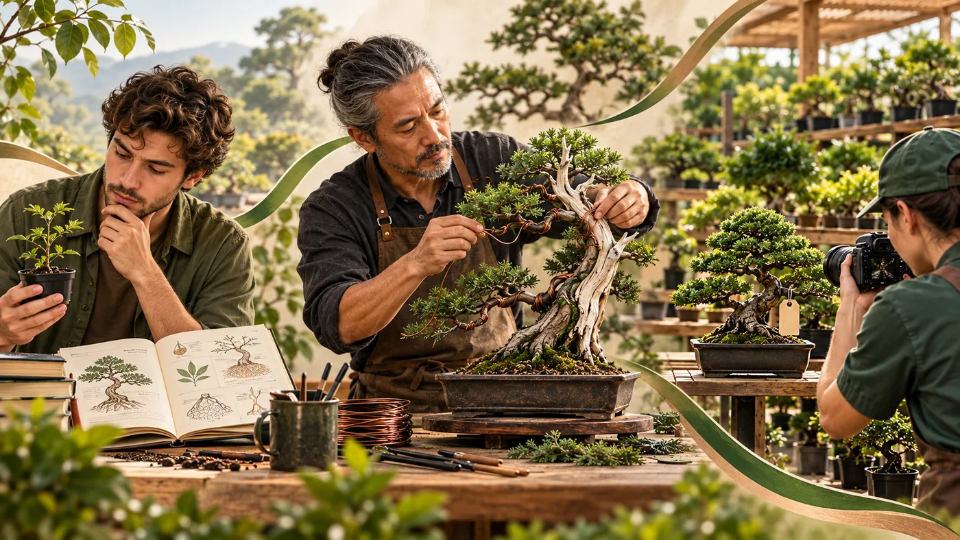 Três cultivadores: um iniciante com uma muda e o guia aberto, um cultivador experiente aramando um bonsai e uma produtora fotografando árvores no viveiro
